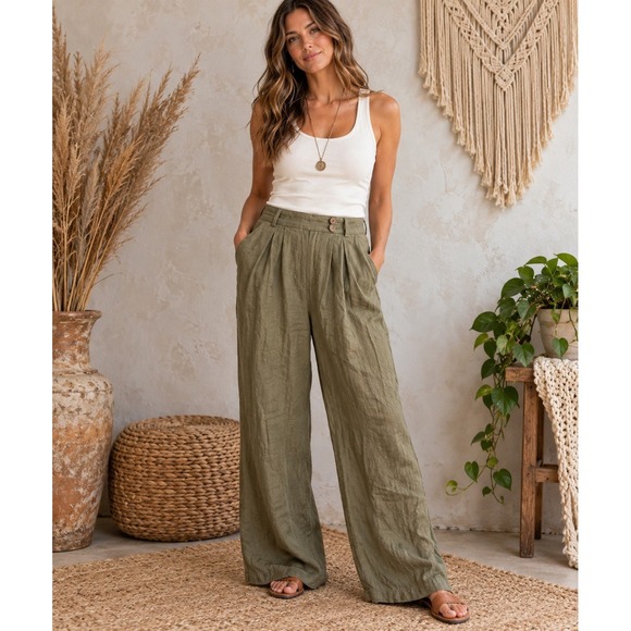 Olive Clothing Co Pants - Olive Clothing Co Linen Pants Women's M Olive Green Wide Leg Boho USA Vintage